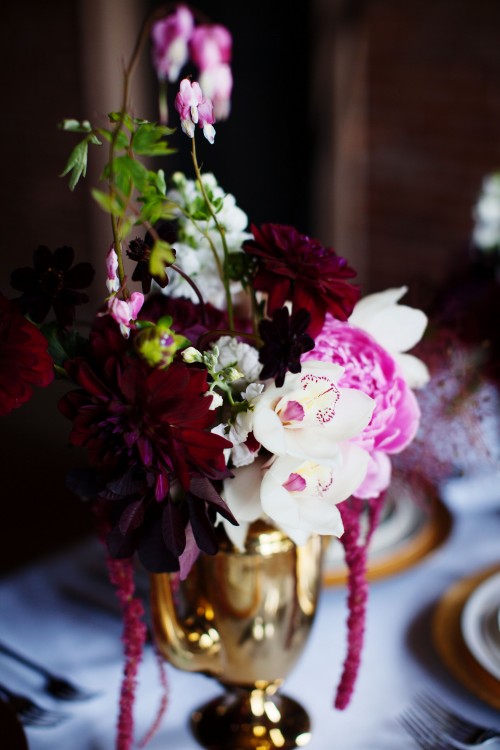 orchid and peony centerpiece with bleeding hearts by Anastasia Ehlers, photo by Anne Nunn